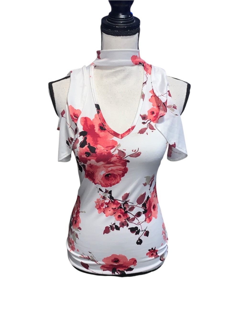 First Love White Floral V-Neck Halter Top Ruffle Sleeves